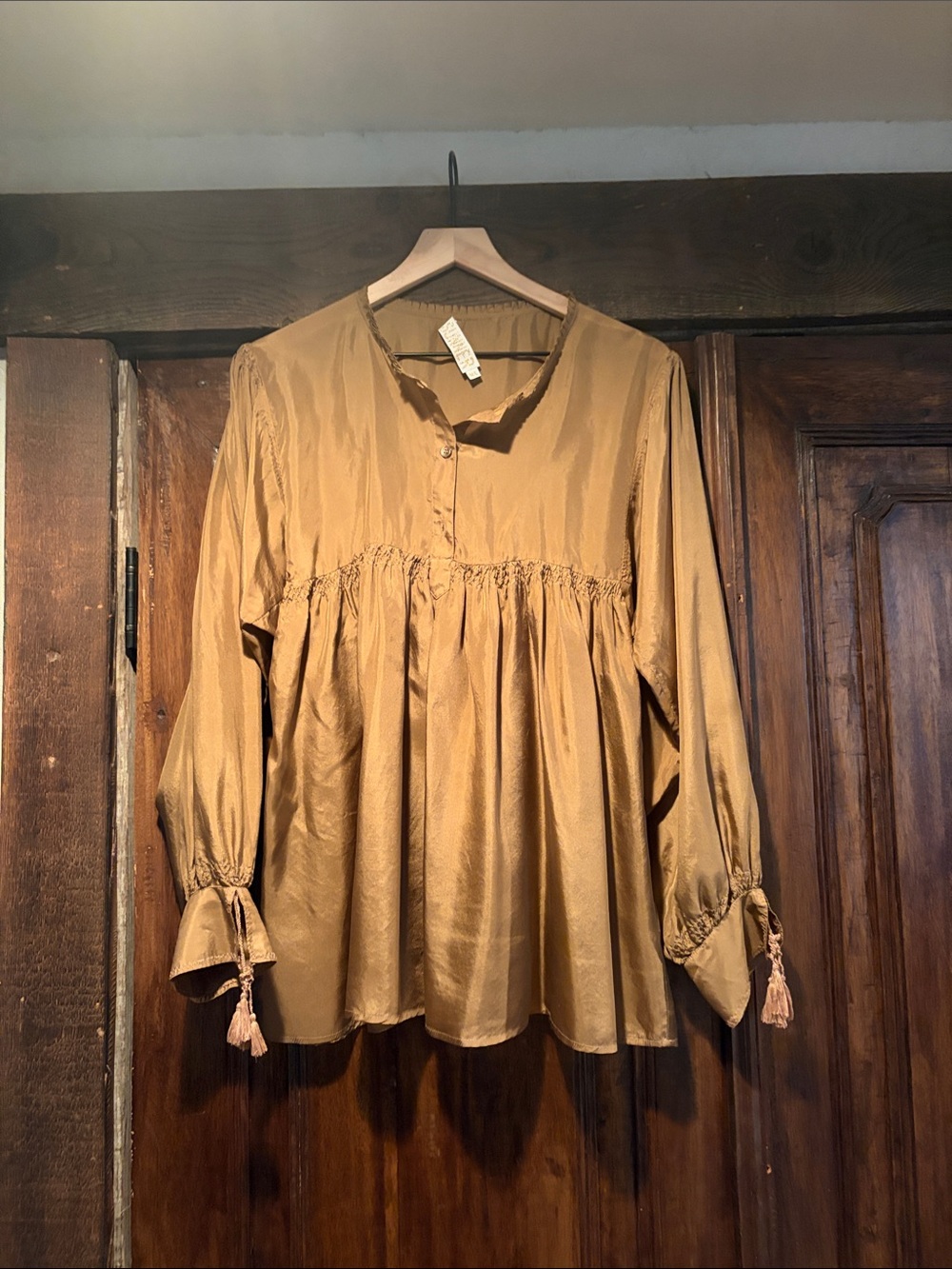 SILK Elegant Pintuck Peasant Blouse in Gold/Bronze
